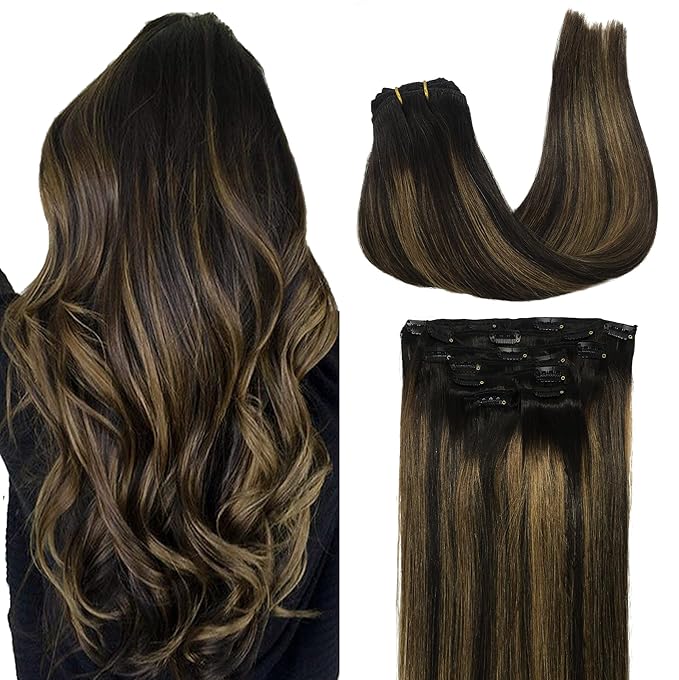 GOO GOO Clip in Hair Extensions Real Human Hair, Remy Human Hair Extensions Clip ins for Women, Natural Human Hair, 22inch 170g 7Pcs, #1B/6/1B Balayage Natural Black to Chestnut Brown