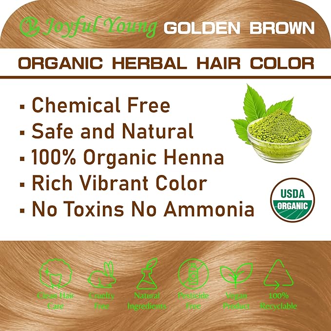 100% Organic Henna Hair Color – Natural, Chemical-Free Hair Dye for Rich, Vibrant Color & Gloss – Grey Coverage, Safe for All Hair Types, Vegan Non-Toxic, Herbal Hair Treatment (GOLDEN BROWN)