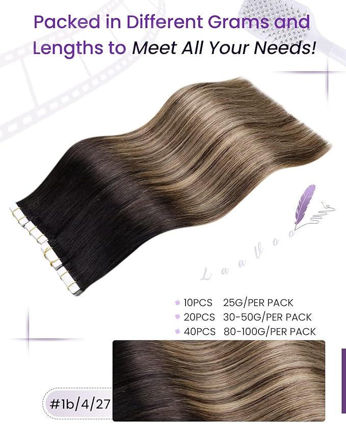 LaaVoo Tape in Hair Extensions Ombre Human Hair Extensions Tape in 20 Inch Ombre Black to Brown Mix Caramel Brown 40pcs/100g