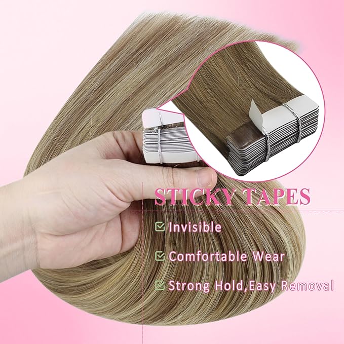 YoungSee Tape in Extensions Human Hair Balayage Brown Hair Extensions Tape in Ombre Light Brown to Blonde Tape-in Hair Extensions Real Human Hair 14 Inch 20pcs 50g for Daily