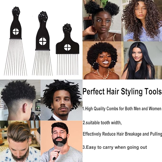 COOKOO 3 Pack Metal Afro Hair Styling Combs - Fist Design Wide Tooth Picks for Women, Men & Natural Curly Hair Hairstyling