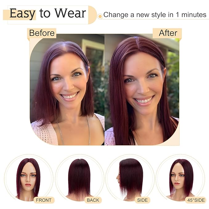 SEGO Human Hair Toppers for Women With Thinning Hair, 7 * 13CM Silk Base 100% Real Human Hair Clip in Top Wiglet Hairpieces /12 Inch No Bangs Wine red