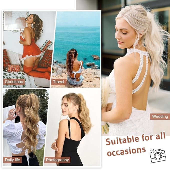 FLUFYMOOZ Ponytail Extension, 18 Inch Claw Clip Ponytail Extension, Wavy Curly Claw Clip in Ponytail Hair Extensions, Fake Ponytail Synthetic Hairpiece for Women (Blonde with White Blonde Highlights)