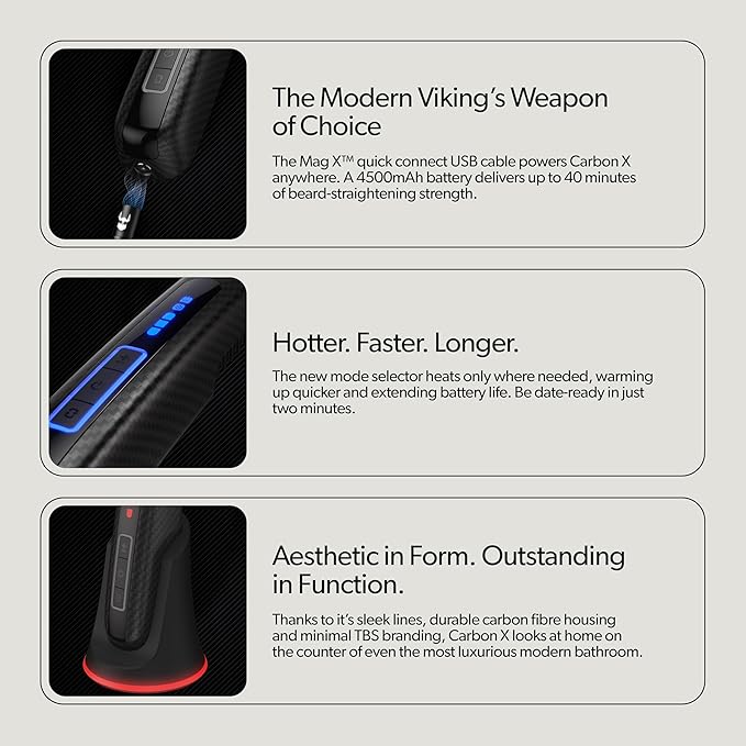 The Beard Struggle Carbon X Heated Beard Brush, Cordless Beard Straightener for Men with Adjustable Temperature 160–200°C – Ionic Anti-Frizz Carbon X Technology Beard Straightening Brush