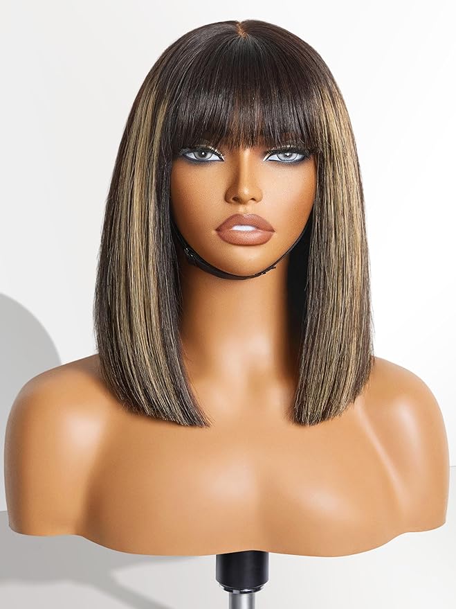 LUVME HAIR 12 Inch Blonde Highlight Bob Human Hair Wig with Bangs Glueless HD Lace Bang Wig True Scalp Ready to Go Silky Straight Highlight Human Hair Short Wig with Bangs (Breathable Cap)