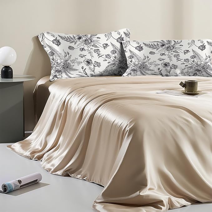 Satin Pillowcase 1 Pack-Black and White Peony Tulips Vintage Floral Silky Pillow Cover for Hair and Skin,Standard Size 20x26 Inch Soft Cooling Printed Pillow Cases with Hidden Zipper