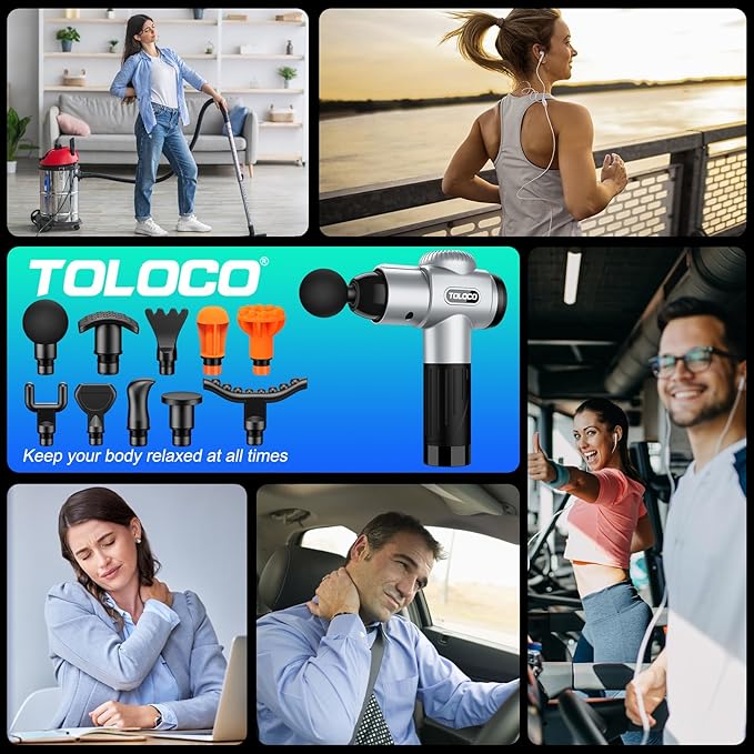TOLOCO Massage Gun, Muscle Massage Gun Deep Tissue for Athletes with 10 Massage Heads, Electric Percussion Massager for Any Pain Relief, Christmas Gifts for Women, Men, Silver