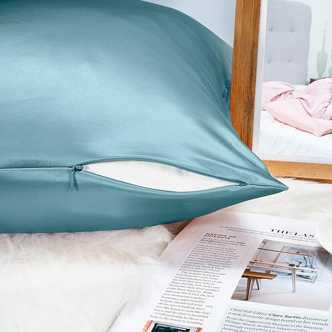 100% Mulberry Silk Pillowcase for Hair and Skin, 22 Momme Pure Natural Silk Pillow Case Both Sided with Zipper, Pillow Cover for Women Mom Men (Airy Blue, King 20''×40'', 1 Pack)