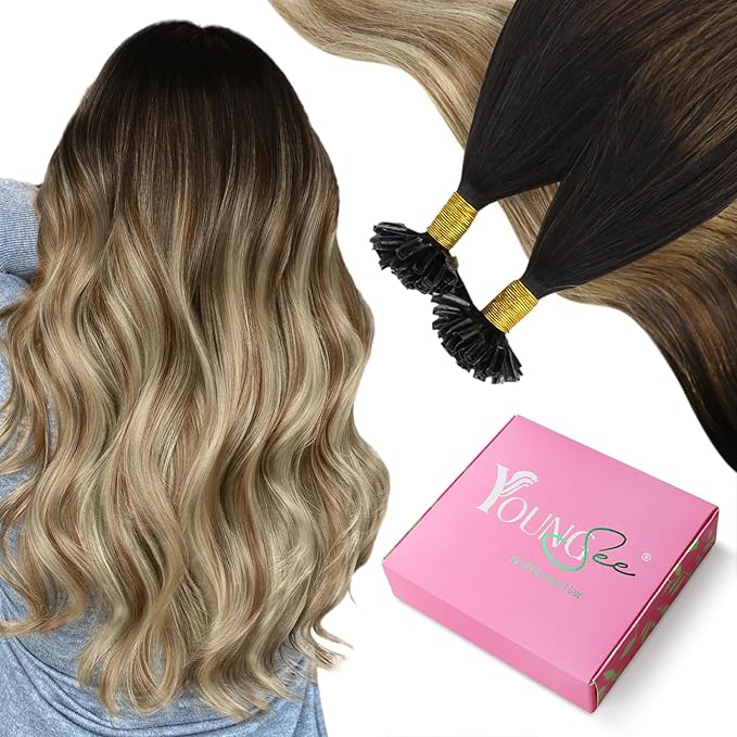 YoungSee U Tip Hair Extensions Human Hair Balayage Utip Hair Extensions Dark Brown Ombre Brown with Blonde Hot Ktip Fusion Hair Extension U Tip Human Hair Extension for Short Hair 14In 50s/50g