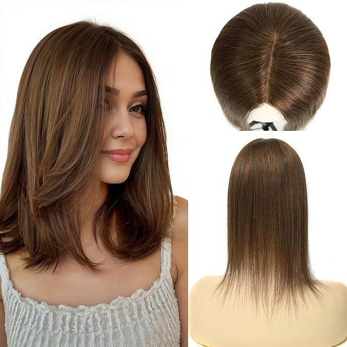3x5 Inch Injected Silk Base Hair Toppers for Women, 14 Inch Length 130% Density Real Human Hair Pieces #2A Brown