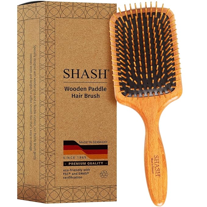 SHASH Since 1869 Made in Germany Wooden Paddle Brush - Gently Detangles, Styles, Conditions Hair with Minimal Frizz and Breakage - Safe for All Hair Types, Wet or Dry - Eco-Sourced Wood