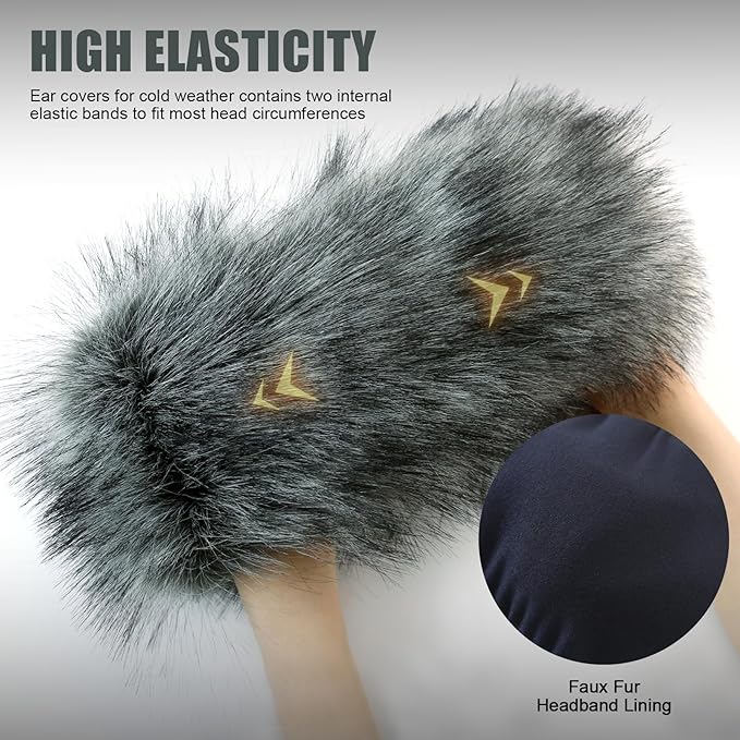 Faux Fur Headband for Women Elastic Fuzzy Thick Earmuffs Winter Headwrap Ear Muffs Furry Ear Warmers Cold Weather (Grey)