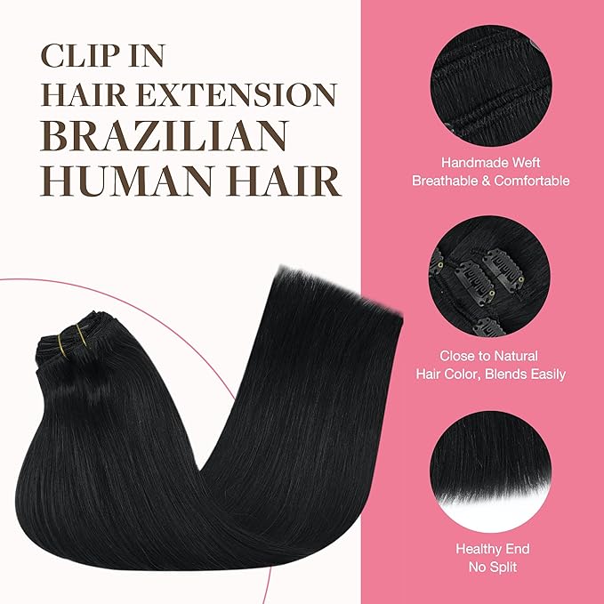 GOO GOO Clip in Hair Extensions Real Human Hair, Remy Human Hair Extensions Clip ins for Women, Natural Human Hair, 24inch 150g 9Pcs, #1 Jet Black