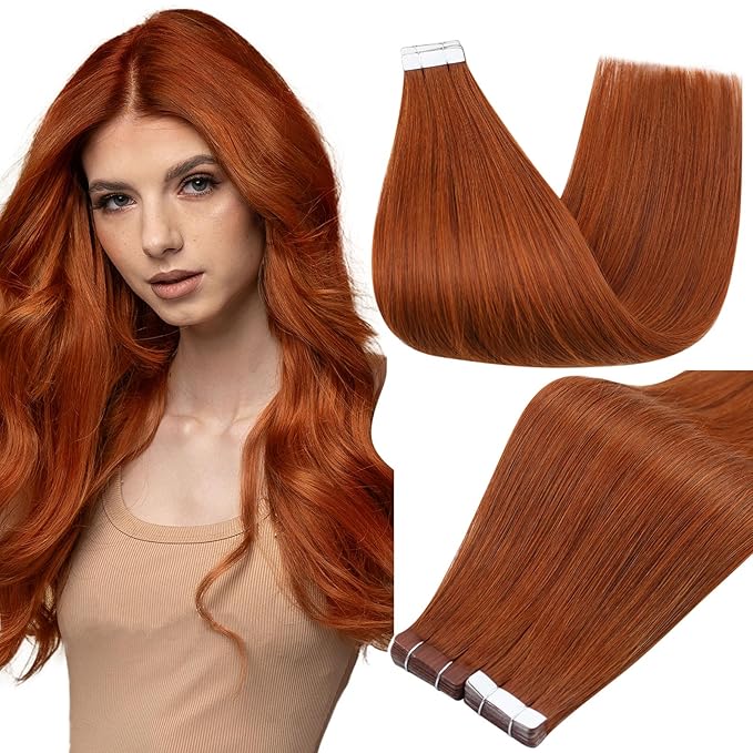 Full Shine Tape in Hair Extensions Human Hair Remy Tape ins Human Hair Extensions Color 550 Copper Invisible Skin Weft Long Silky Straight Extension 20Inch 50Gram 20Pcs Add Volume