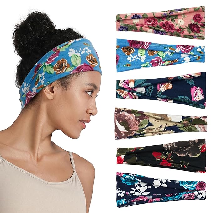 Boho Headbands for Women, 6 Pack Wide Non-Slip Stretchy Hair Bands for Yoga, Workout, Running, Fashion Hair Accessories for Women's Hair（Shape 3）