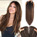 Brown Highlight Hair Toppers for Women with Thinning 3D 360° Cover Clip in Wispy Bangs Upgraded Adjustable Bandage 24 Inch Long Layered