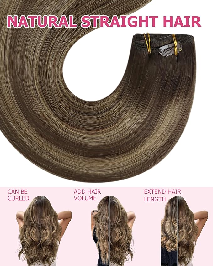 YoungSee 150g Balayage Clip in Hair Extensions Human Hair Chocolate Brown Mix Caramel Blonde Balayage Hair Extensions Clip in Human Hair Softness Clip ins Extension Straight Hair 20inch 7pcs