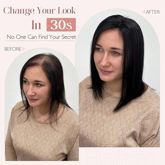 Hairro 100% Human Hair Topper No Bangs, Real Clip in Hair Hairpieces for Women, 3.94x4.72" Silk Base for Thinning Receding High Hairline, 10 Inch Medium Brown Middle Part