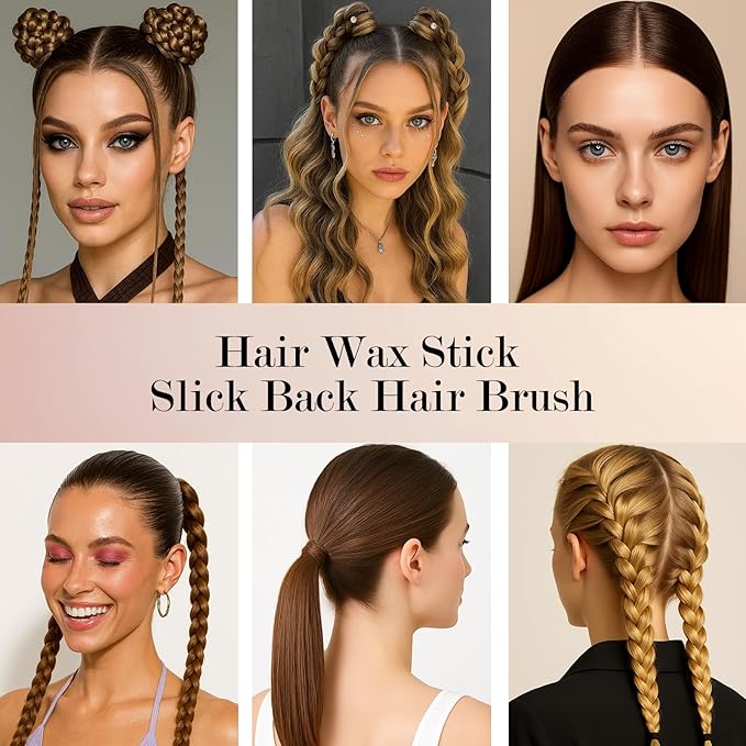 Hair Wax Stick & Boar Bristle Hair Brush, Slick Back Hair Brush for Women Men Kids, Strong Hold Smoothing Wax Stick for Slick Back Flyaways & Baby Hairs