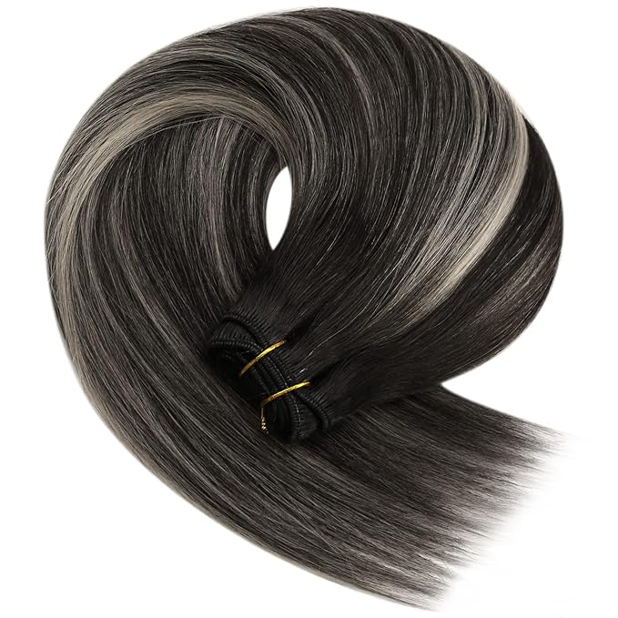 YoungSee 130G Weft Hair Extensions Ombre Black Sew in Hair Extensions Black Ombre Silver Blonde Balayage Sew in Hair Extensions Real Human Hair 24Inch