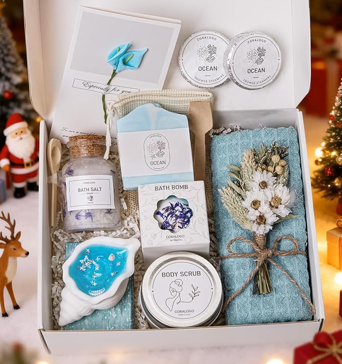Coralogo Ocean Spa Gifts for Women - 15pc Self-care Spa Gift Basket with Scented Candle, Bath Salt, Greeting Card - Thinking of You Basket for Her Birthday, Christmas, Mother's Day, Valentine's Day