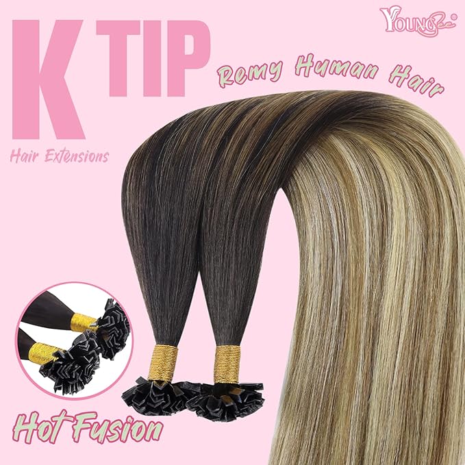 YoungSee K Tips Hair Extensions Brown Balayage K Tip Hair Extensions Remy Human Hair for Women Ombre Brown to Blonde 22In 1g/s 50g