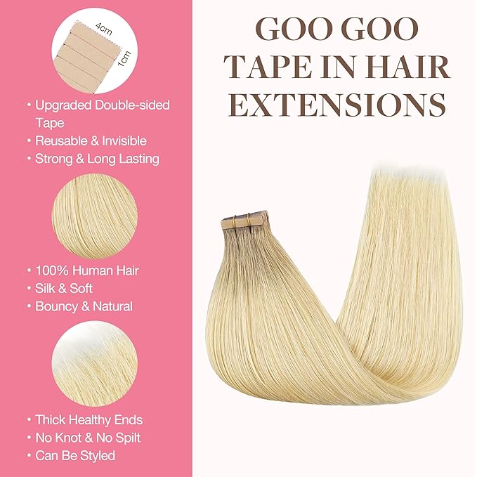 GOO GOO Tape in Hair Extensions Human Hair, R7/60F Rooted Ash Blonde with Frosted Highlights, 10inch 30g 20pcs, Skin Weft Seamless Invisible, Silky Straight with Thick Ends, Remy Human Hair