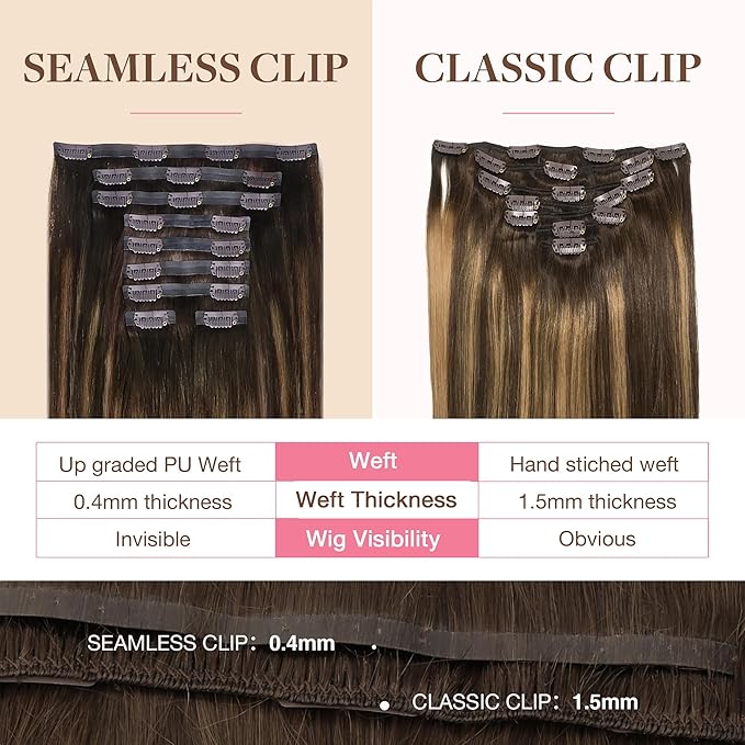 GOO GOO Clip in Hair Extensions Real Human Hair, Remy Human Hair Extensions Clip ins for Women, Natural Human Hair, 20inch 180g 9Pcs, #4/27/4 Balayage Chocolate Brown to Caramel Blonde