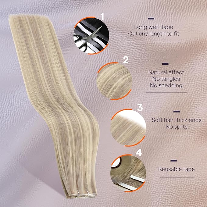 Full Shine Tape in Weft Hair Extensions Human Hair Color 18 Ash Blonde Highlight 613 Blonde Genius Weft Tape in Extensions Long Tape Weft for Daily Office Look Lightweight 18Inch 50G One Piece