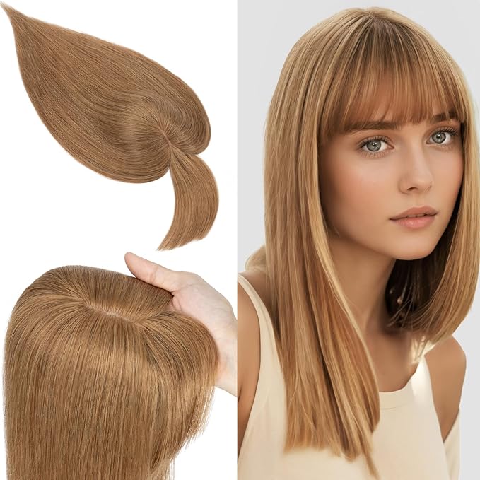 SEGO 100% Real Human Hair Toppers, with Air Bangs, Silk Base 150% Density, Clip in Topper, 2.7”x5.1”, HairPieces for Women, with Thinning/Hair Loss Cover Gray