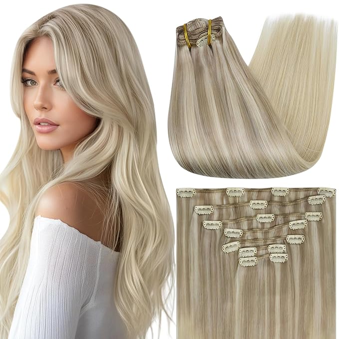 Full Shine Clip in Blonde Hair Extensions Real Human Hair Clip in Extensions for Short Hair Balayage Ash Blonde Double Weft Brazilian Straight Hair Extensions 12 Inch 7 Pcs 95 G