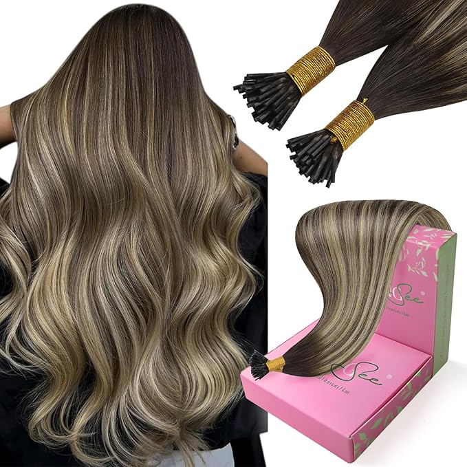 YoungSee I Tips Hair Extensions Real Human Hair Balayage Itip Hair Extensions Human Hair Brown Ombre Dark Brown with Ash Blonde I Tip Extension 20In I-Tip Human Hair Extension 50g 50s