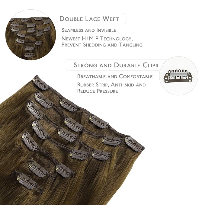 WENNALIFE Clip in Hair Extensions Real Human Hair, 18 Inch 120g 7pcs Ombre Walnut Brown to Ash Brown and Bleach Blonde Clip in Human Hair Remy Clip in Hair Extensions Real Human Hair Double Weft