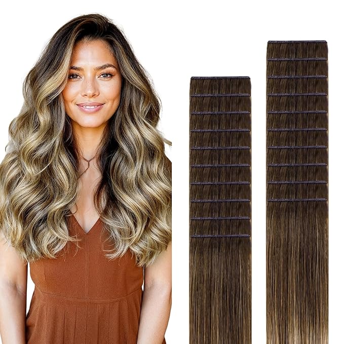 GOO GOO Genius Tape in Hair Extensions, Hand Tied Tape Weft, 4/27/4 Balayage Chocolate Brown to Caramel Blonde, 20inch 50g 20pcs, Remy Human Hair, Seamless Invisible Tape, Natural Blend, Lightweight