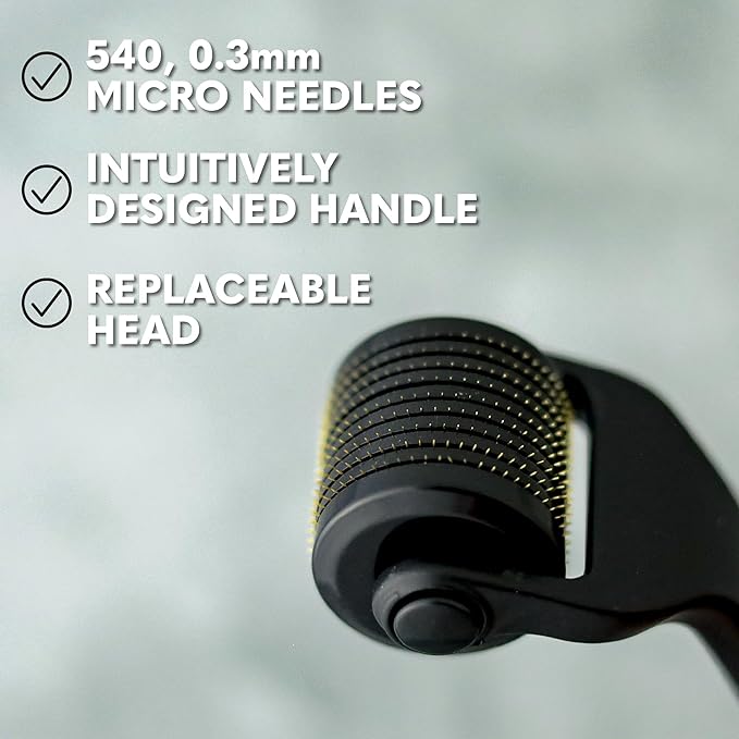 Beard Club Premium Derma Roller, Cleansing Spray & Replacement Head for Face, Body and Scalp - Microneedling Hair & Beard Roller for Men and Women with 540 Titanium Microneedles
