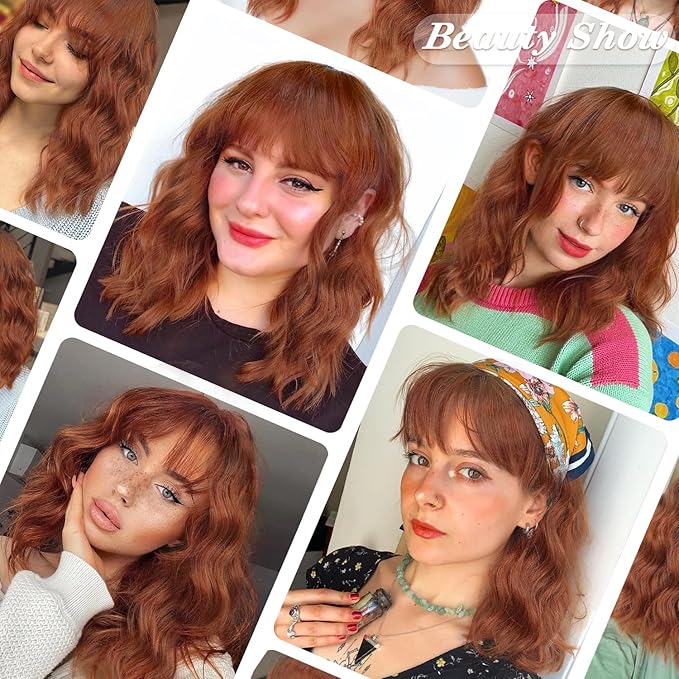 AISI HAIR Synthetic Wavy Curly Bob Wig with Bangs Ginger Orange Short Wigs for Women Synthetic Heat Resistant Bob Wigs
