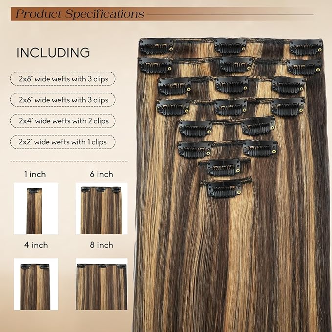 Clip in Hair Extensions Real Human Hair 18inch 8pcs 100g Seamless Balayage Dark Brown Hair Extensions Clip Ins Double Weft Dark Brown Highlight Chestnut Brown Invisible Straight Remy Human Hair