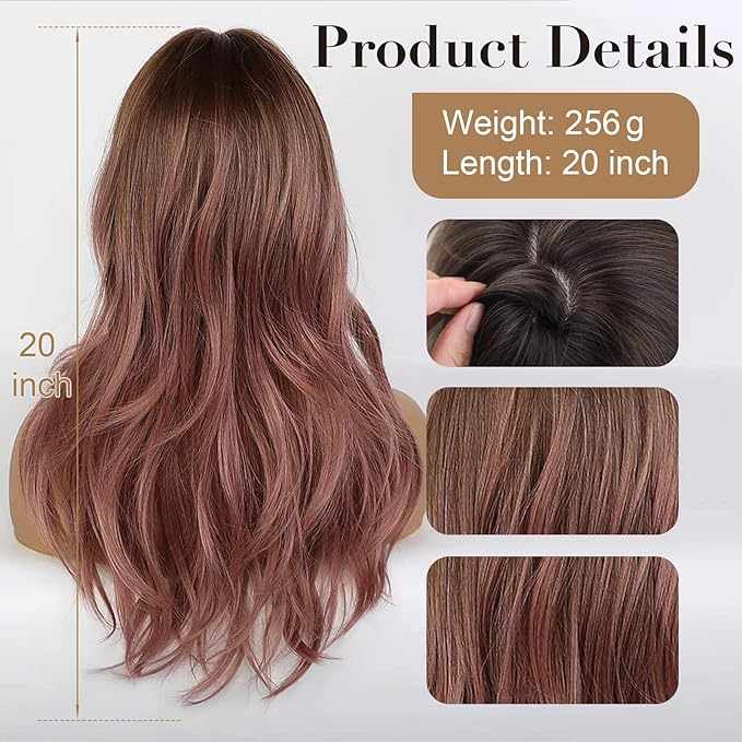 EMMOR Long Wavy Wigs with Bangs for Women, 20 Inch Natural Curly Hair With Air Bang Synthetic Ombre Wigs, Party Cosplay Daily Use