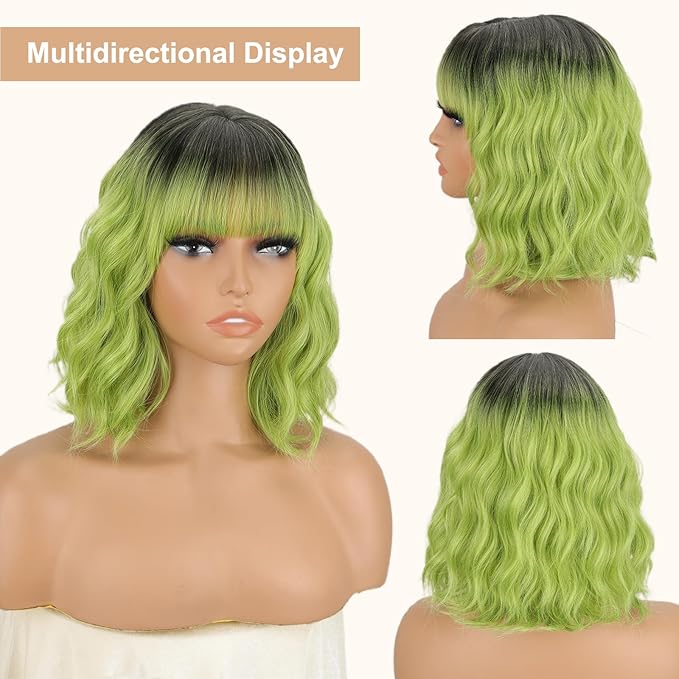 MISSQUEEN Short Green Wig with Bangs Women Girls Dark Roots Ombre Green Wigs Bob Style Heat Resistant Synthetic Natural Realistic Wig for Everyday Hairstyle Cosplay Party Halloween