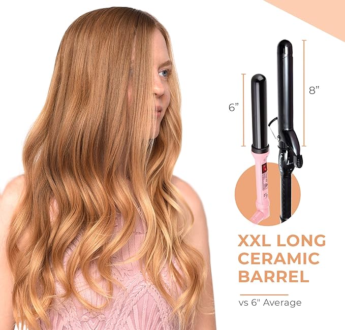 Le Angelique 1 inch Curling Iron with Clip - Professional 8" Extra Large Barrel for Big Long Hair | 1" 25mm Wide Thick Ceramic Curler Wand | Adjustable Temperature | Dual Voltage