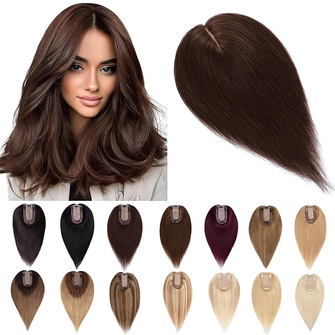 SEGO Human Hair Toppers for Women With Thinning Hair, 7 * 13CM Silk Base 100% Real Human Hair Clip in Top Wiglet Hairpieces -6 Inch No Bangs Dark Brown