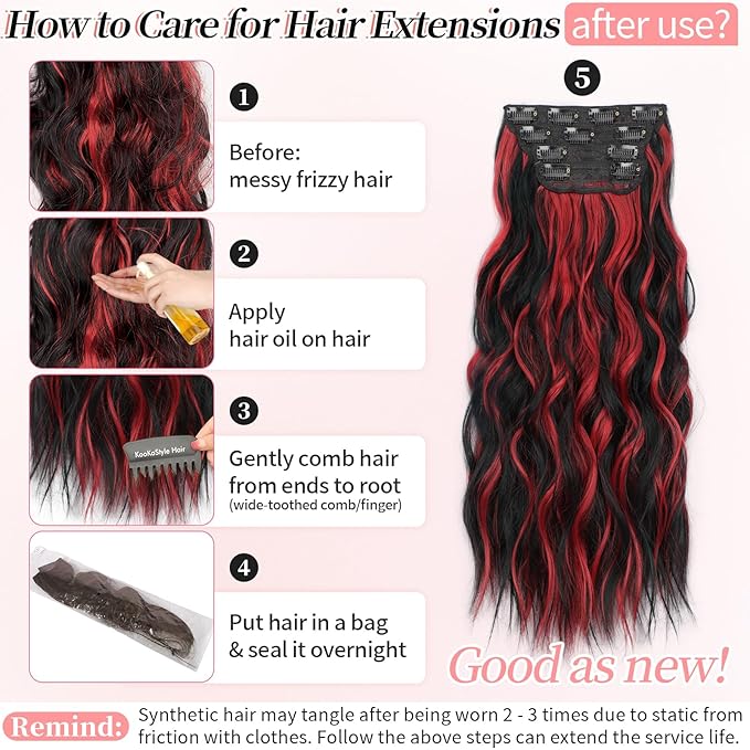 KooKaStyle Hair Extensions Black Mix Red Highlights 1B/113# Clip in Synthetic Highlight Hair Extensions Long Wavy 4PCS Thick Hairpieces 20 Inch for Women