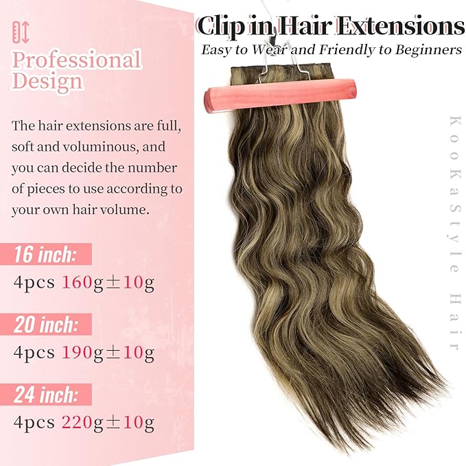 KooKaStyle Clip in Synthetic Hair Extensions Long Wavy 4PCS Thick Hairpieces Brown mix Sandy Blonde Fiber Double Weft Natural Hair Extensions 20 Inch for Women