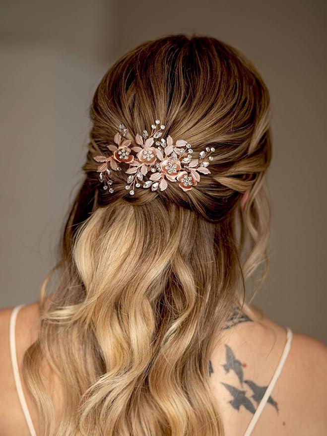 SWEETV Metal Hair Comb, Rhinestone Bridal Hair Clip - Handmade Wedding Hair Accessories for Brides and Bridesmaid, Rose Gold