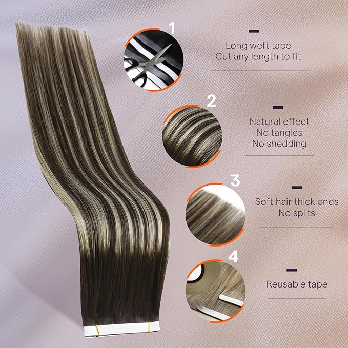 Full Shine Tape in Hair Extensions 18Inch Color 2/60/2 Darkest Brown and Blonde Highlight Balayage Long Tape Weft Invisible Double Sided Tape in Extensions for Daily Office Look 50G One Piece