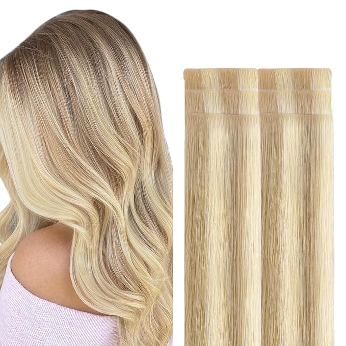 GOO GOO Invisi Edge Tape in Hair Extensions Human Hair, 18A/613A Dark Blonde Highlighted Bleach Blonde, 6pcs 12inch 15g, Virgin Remy Hair, Seamless Injected Tape, Natural Look