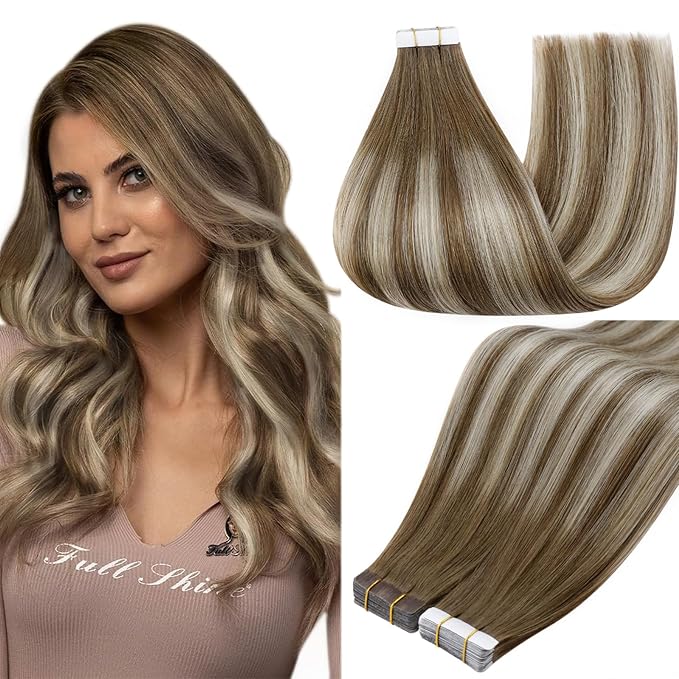 Full Shine Tape in Hair Extensions Real Human Hair 22Inch Seamless Tape Hair Extensions Color 6/60/6 Chestnut Brown Ombre to Blonde Highlighted Brown Tape ins Silky Soft Hair Add Length 50G 20pcs