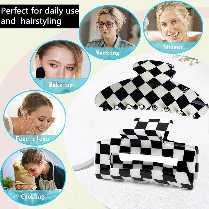 Womens Checkered Hair Clip Large Checkered Claw Clips Black And White Jaw Clip,2pack