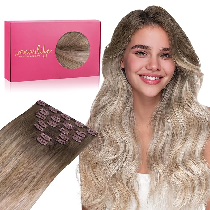 WENNALIFE Clip in Hair Extensions Real Human Hair, 16 Inch g 7pcs Balayage Sandy Brown to Platinum Blonde Remy Hair Straight Natural Extensiones De Cabello Humano Con Clip Ins