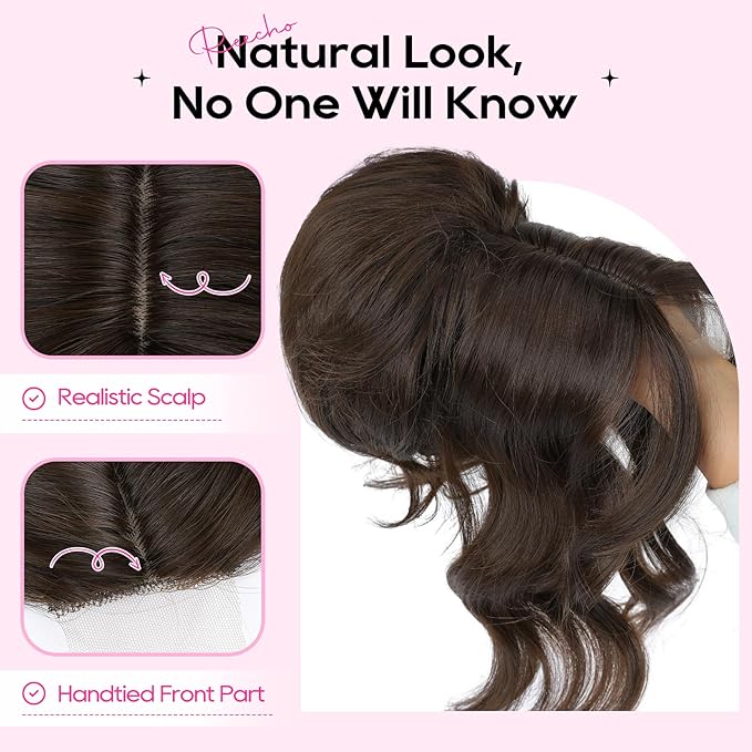 REECHO Messy Bun Hair Piece with Bangs – 2-in-1 Drawstring Ponytail Extension Updo Wig & Hair Topper with Long Side Bangs, Natural-Looking Hair Bun Hairpieces for Women - Chocolate Brown